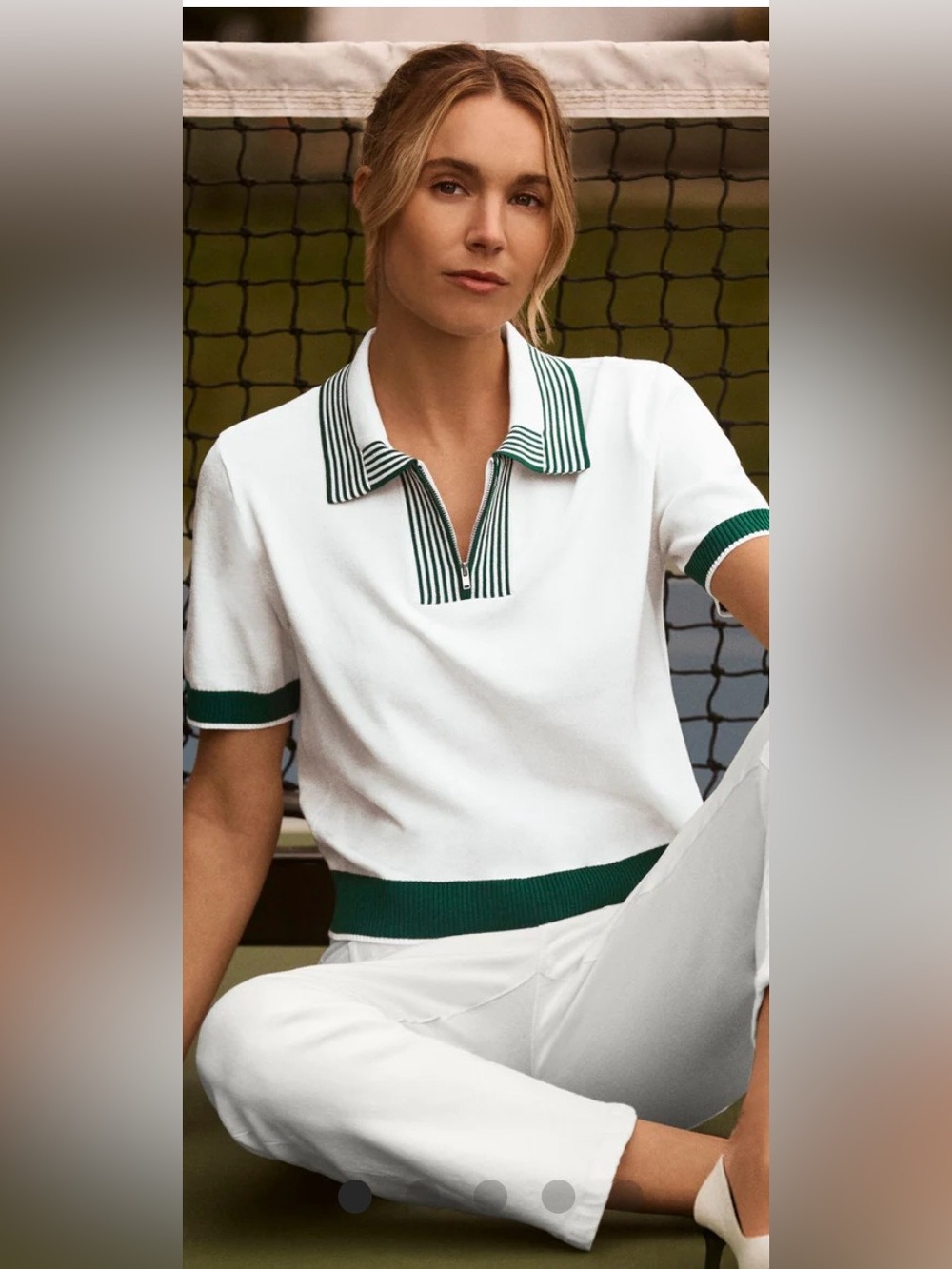 CAbi White Polo Top with Green Trim
